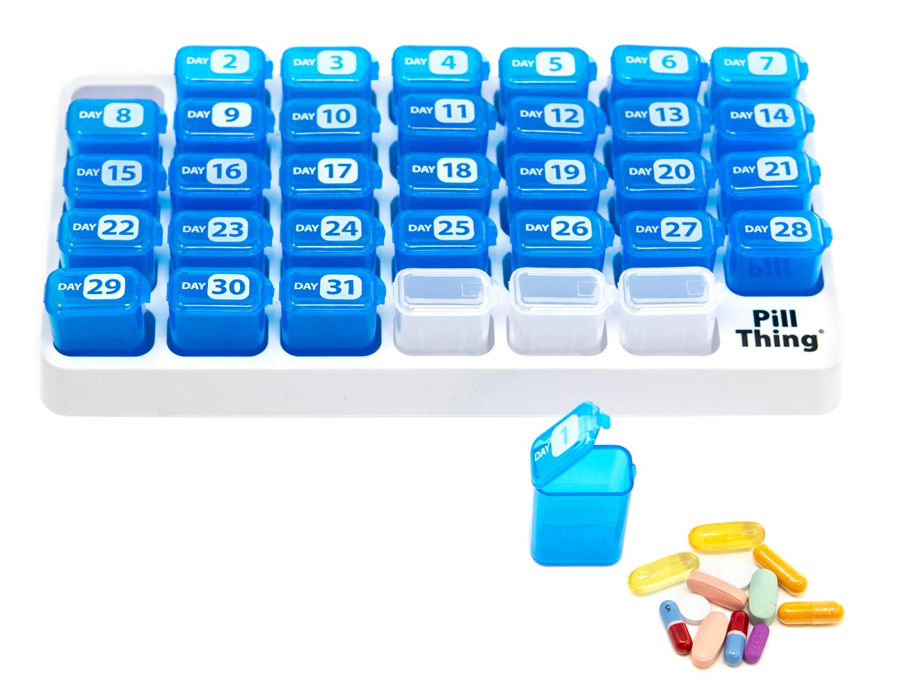 PillThing XL Monthly Pill Organizer, 31-Day Daily Large Pillbox Pods, Medication Storage for One Month, Fits Vitamins and Supplements (XXL - 1 Pack, Blue)