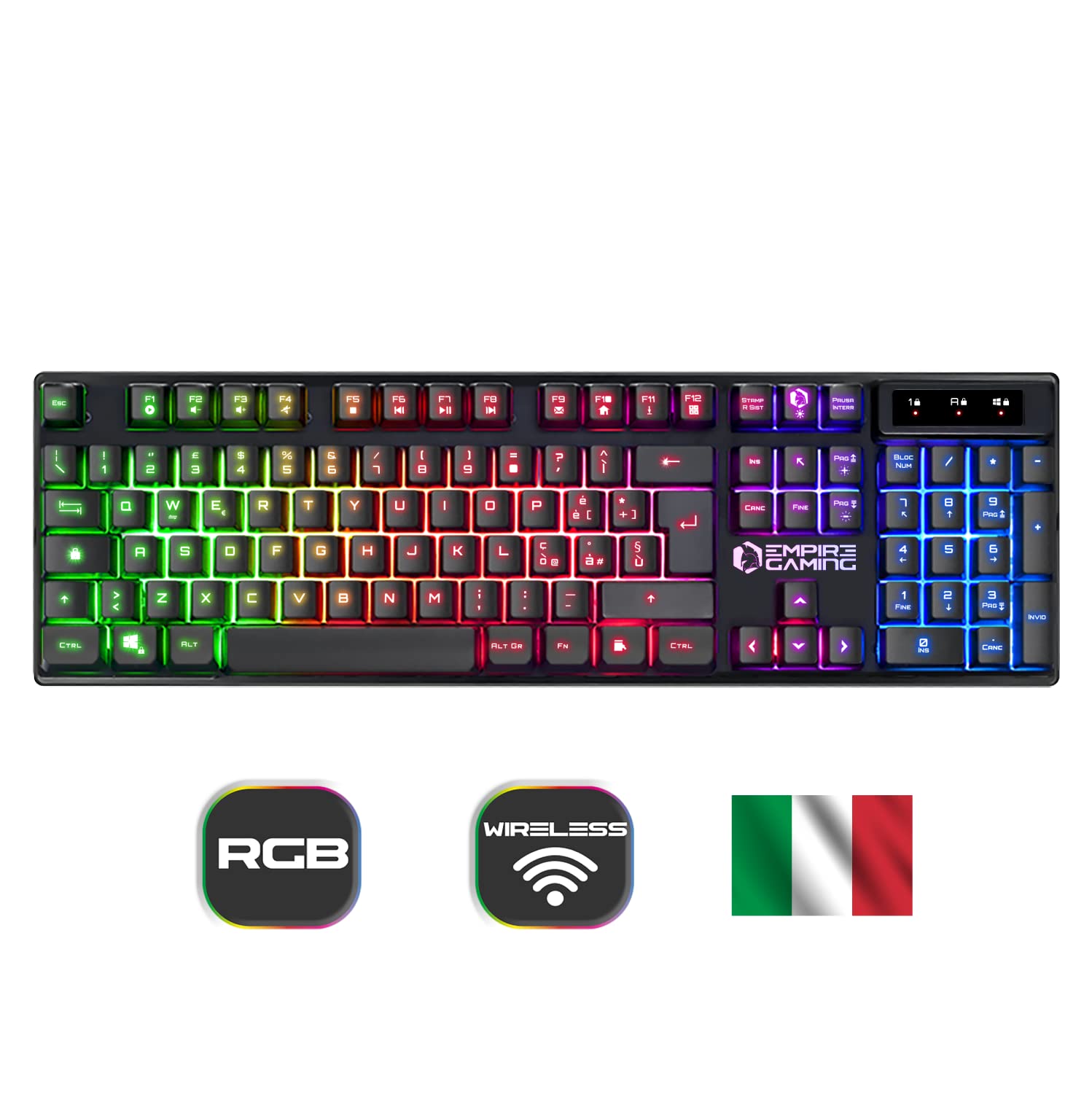 Empire Gaming - Armor RF800 Kit Wireless di Tastiera e Mouse da Gioco QWERTY(IT Layout) -Tastiera 2.4G RGB -Mouse Ergonomico 4800 DPI Con Tappetino per Mouse -PC PS4 PS5 Xbox One/Mac Series