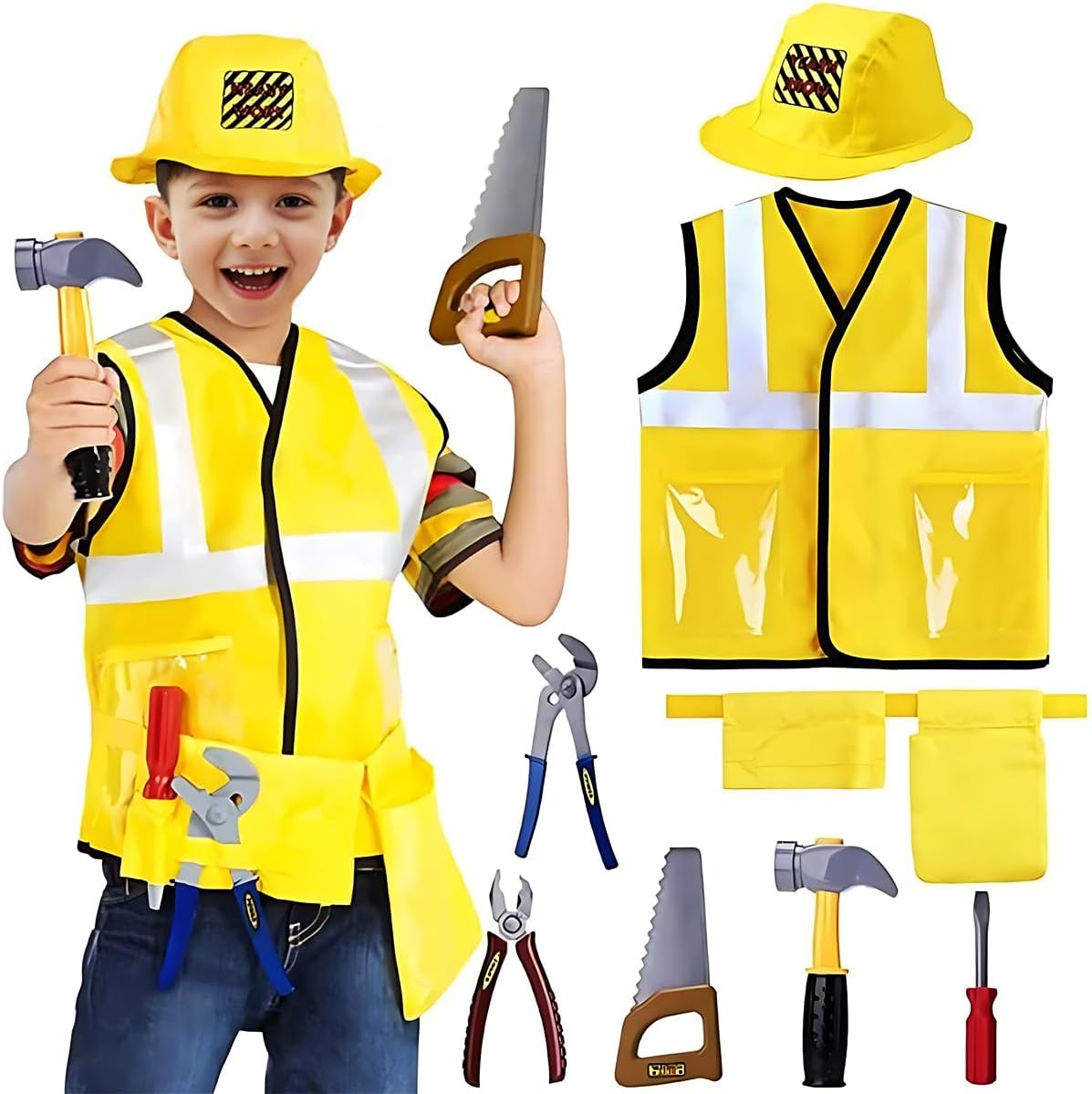 AMERTEER Construction Worker Costume for Kids | Builder Dress-Up Set with Tool Belt, Hard Hat, Safety Vest & Toy Tools | Pretend Play Outfit & Halloween Costume for Boys & Girls Ages 3-6