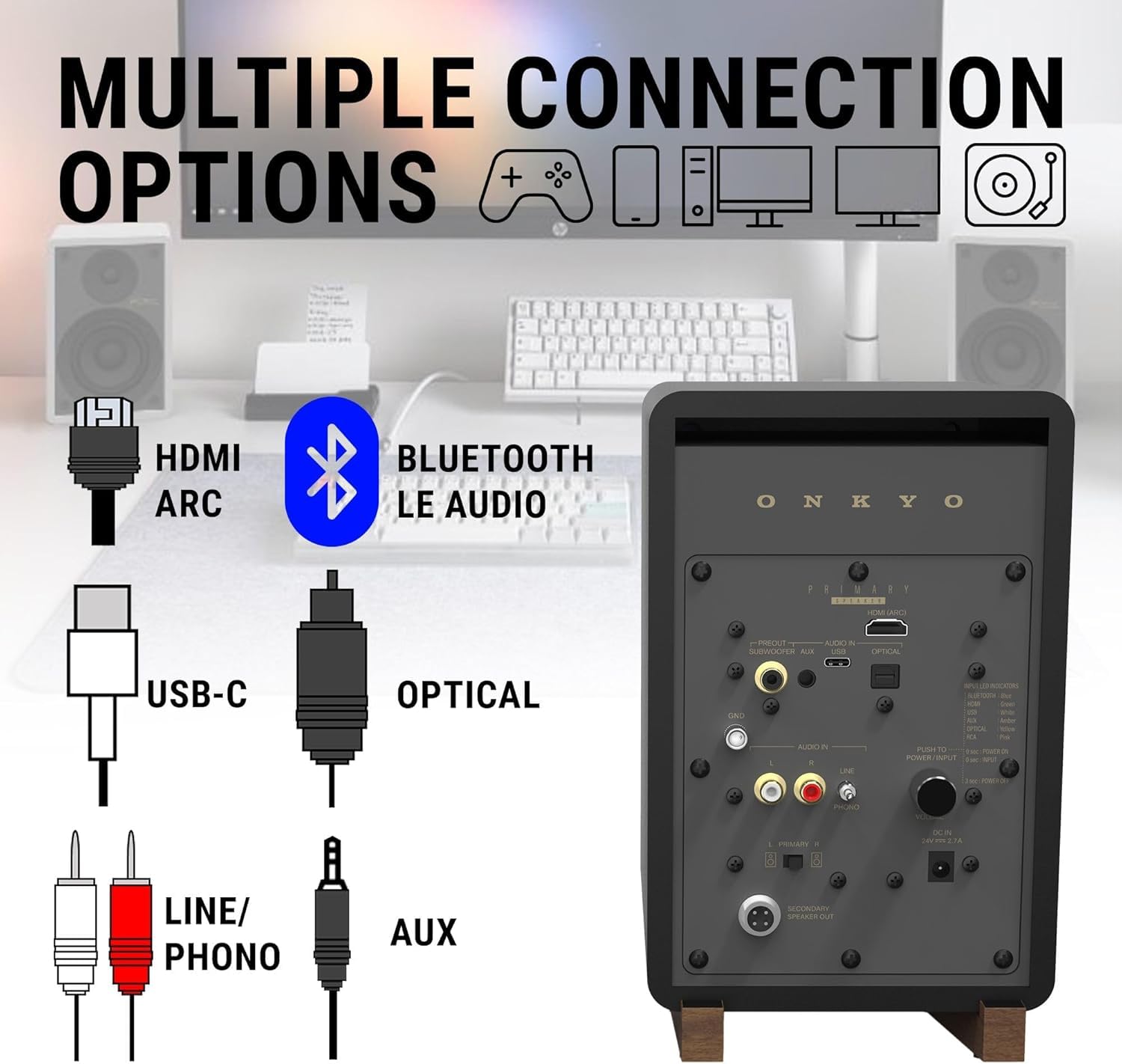 Onkyo Creator Series GX-10DB monitory zasilane, czarny - 7.6 cm głośnik niskotonowy, USB-C, linia/telefon, optyczny, Bluetooth 5.3 LE Audio