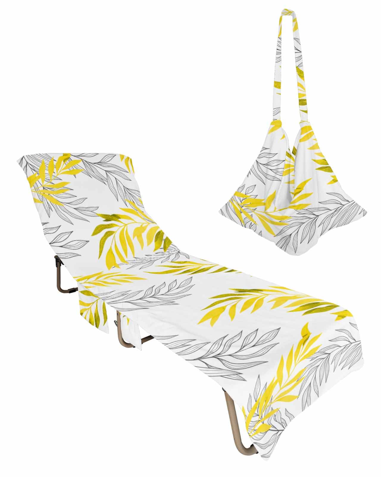 Yellow Botanical Beach Lounge Chair Towel Cover, Soft Chaise Lounge Towel with Side Pockets Patio Pool Chairs Cover for Beach/Pool Sunbathing 29x85 Leaf Contemporary Abstract Geometric