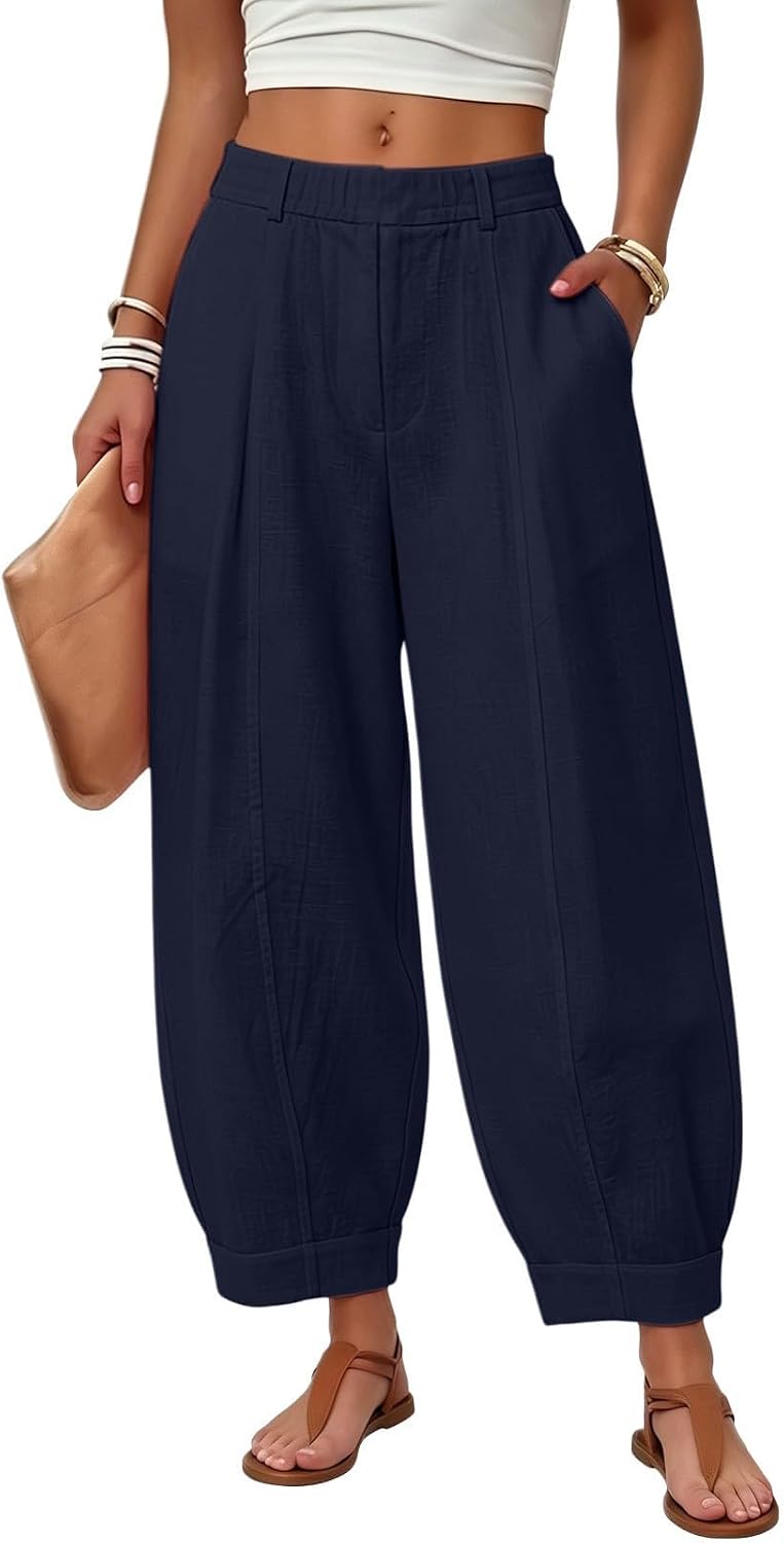 Women Baggy High Waist Barrel Cropped Pants Pleated Front Tapered Trousers Cotton Linen Cuffed Pants Pockets