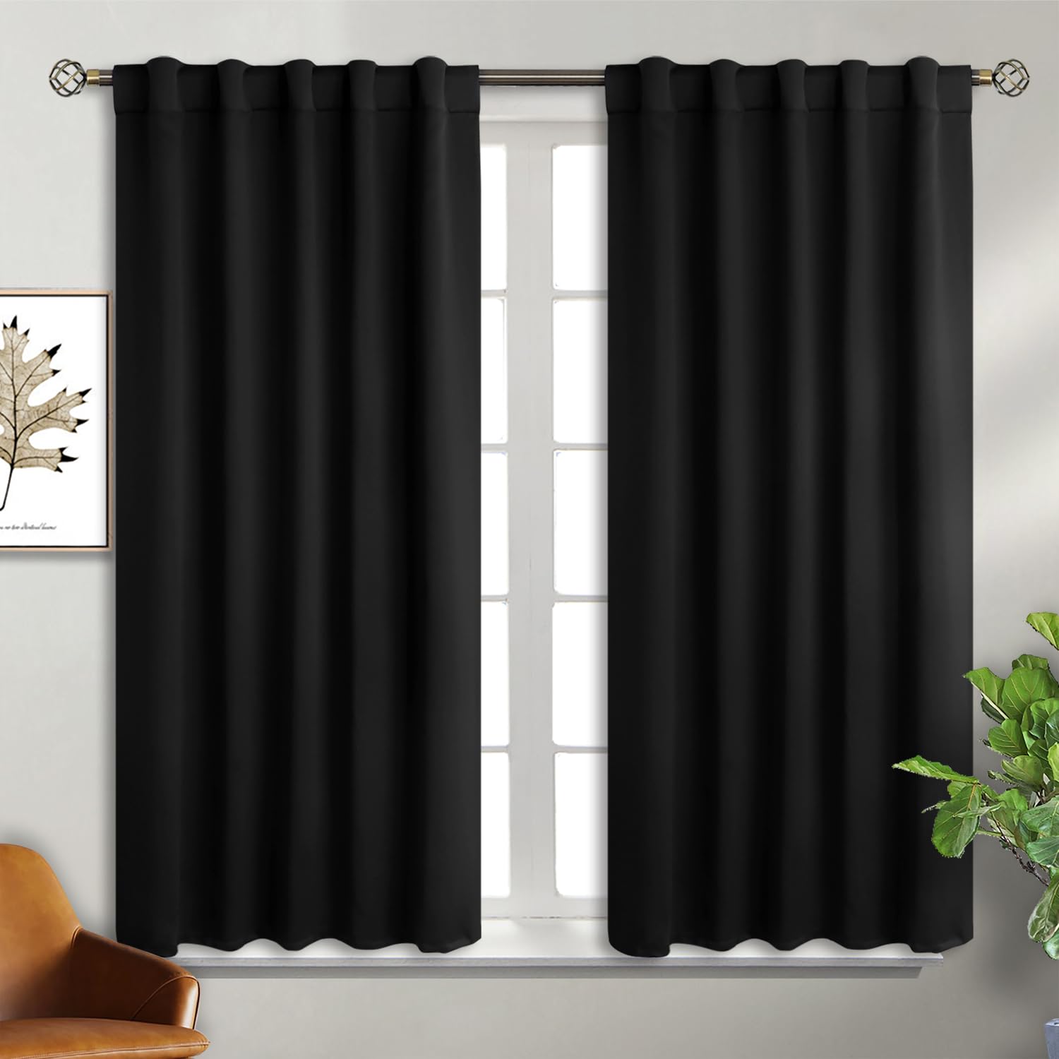 BGment Black Blackout Curtain Blinds - 42 x 45 Inch Thermal Insulated Rod Pocket and Back Tab Blackout Curtains for Kitchen/Home Decor/Bedroom, 2 Window Curtain Panels