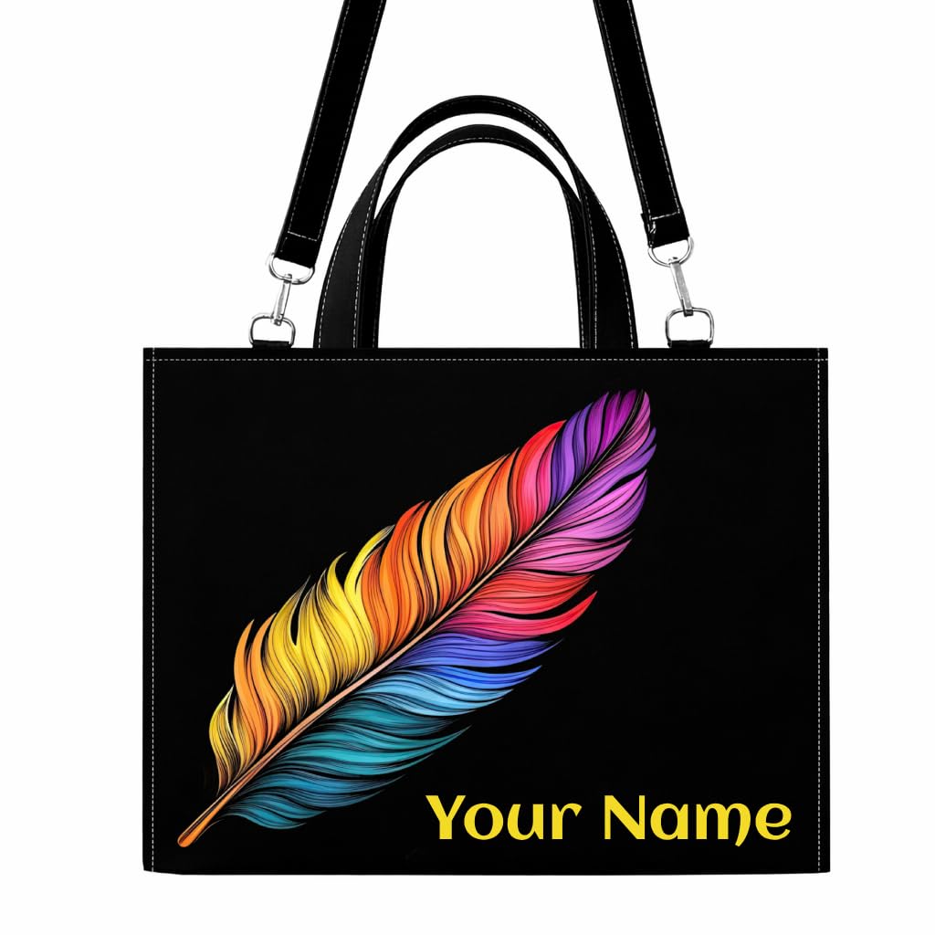 Customizable Canvas Tote Bag with Multicolor Feather Design, Personalized Name Printing, Black Background, Durable Shoulder Bag