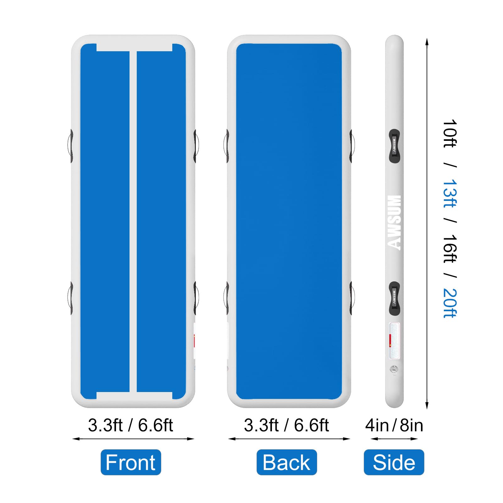 AWSUM Inflatable Air Gymnastics Mat 10ft/13ft/16ft/20ft/23ft Training mat 4/8 inches Thick