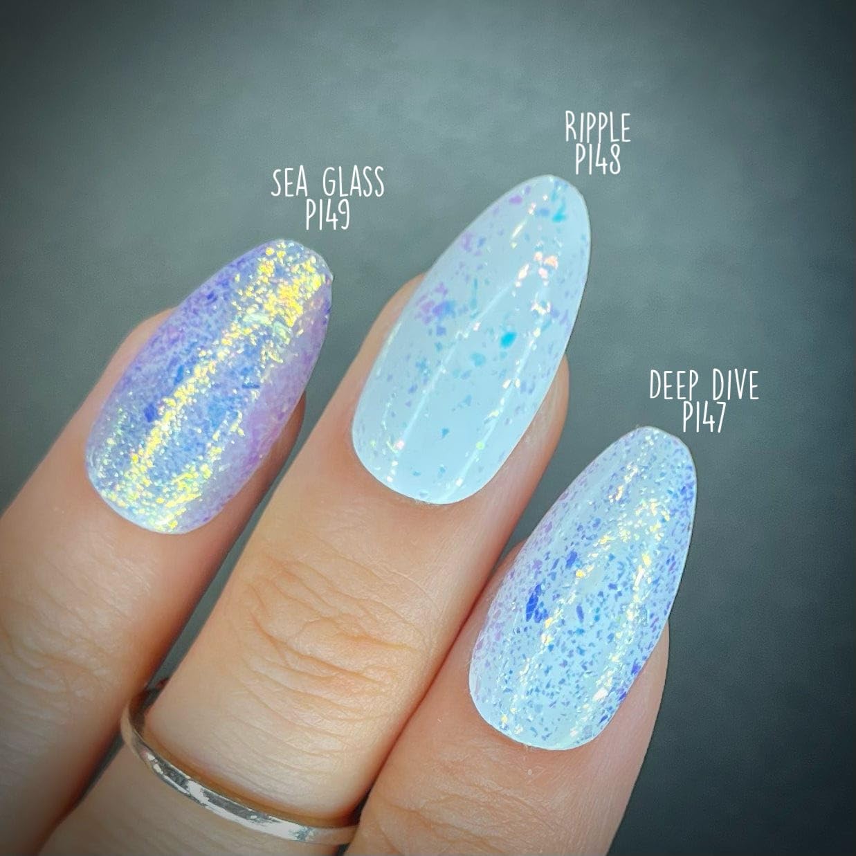 Maniology Ocean Crush Flakie Iridescent Toppers Summer Nail Polish Set (Deep Dive (P147), Ripple (P148), Sea Glass (P149))