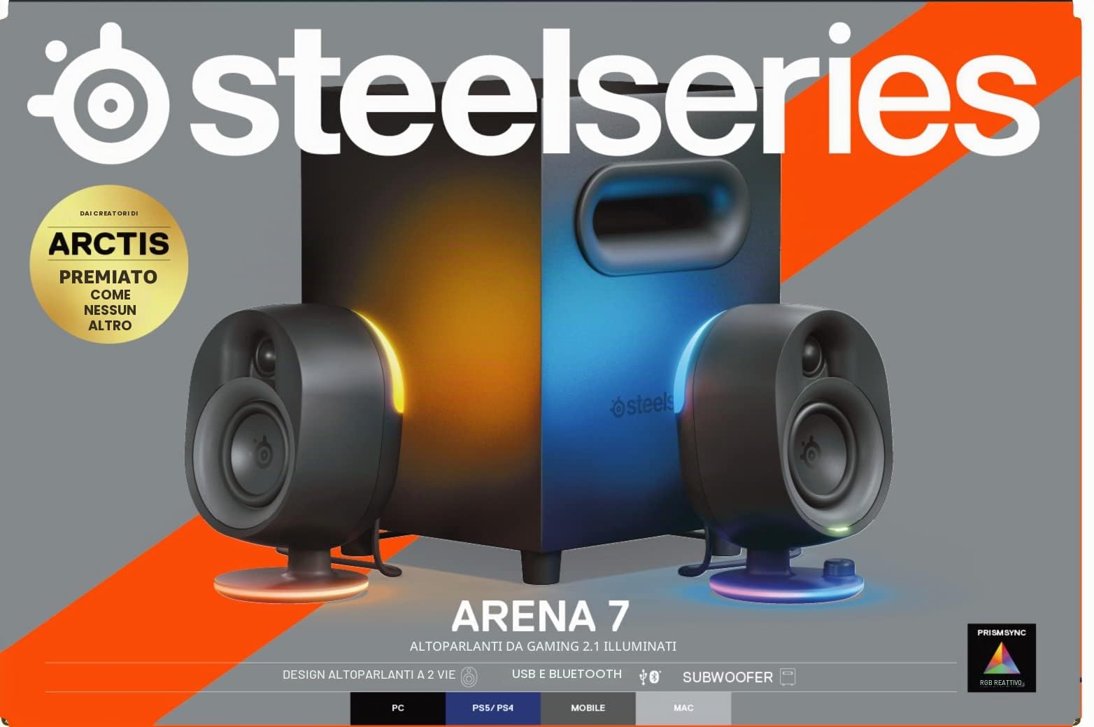 SteelSeries Arena 7 - Altoparlanti da gaming 2.1 illuminati - Design a 2 vie - Bassi potenti, subwoofer - Illuminazione RGB reattiva - USB, Aux, Ottico, Cablato - Bluetooth