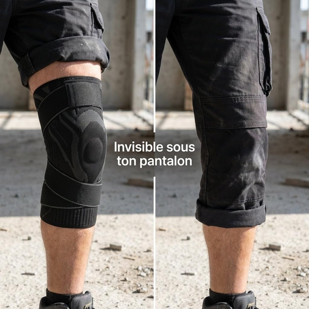flexi pro genouillère, genouillère travail compression 360 sans sangle, chantier stabilisation gel ressort, protection genou batiment invisible sous pantalon confort longue durée