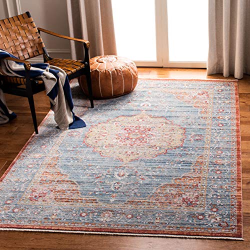 SAFAVIEH Zeitgenössische Teppich für Wohnzimmer, Esszimmer, Schlafzimmer - Kenitra Collection, Kurzer Flor, Blau und rot, 91 X 152 cm SAFAVIEH Zeitgenössische Teppich für Wohnzimmer, Esszimmer, Schlafzimmer - Kenitra Collection, Kurzer Flor, Blau und rot, 91 X 152 cm