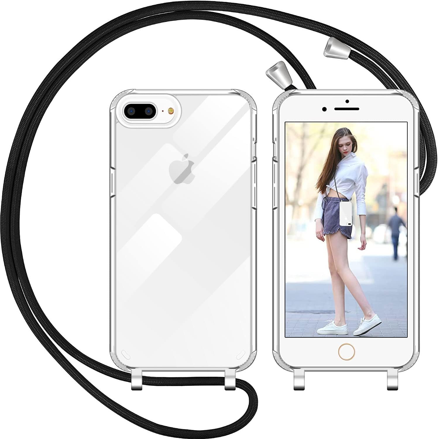 Handyhülle Mit Halskette Für IPhone 14 Plus – TPU+PC, Transparent, Abnehmbare Kordel, Schwarz