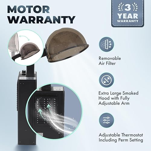 Miniatura 5 de Pibbs Secador Super Turbo Salon CD324, 1100W, temporizador de 60 minutos, 4 ajustes de calor (incluyendo permanente), campana ahumada extragrande,