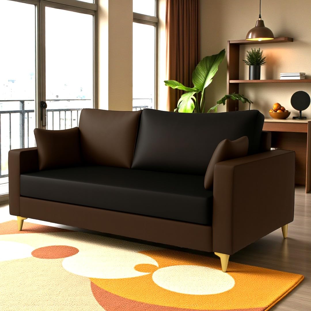 Trendvik 2 Seater Sofa Set | Premium Leatherette Upholstery | Modern Design | Plush Comfort Cushions for Living Room (Golden Legs, Brown-Black) Trendvik 2 Seater Sofa Set | Premium Leatherette Upholstery | Modern Design | Plush Comfort Cushions for Living Room (Golden Legs, Brown-Black)