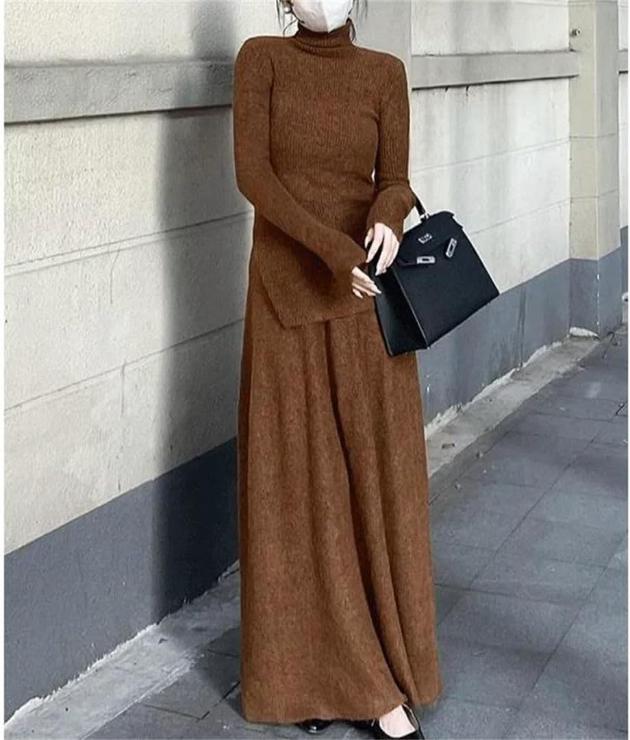 Women's Slim Fit Sweater Skirt Set High Collar Half Length Two Piece Ensemble