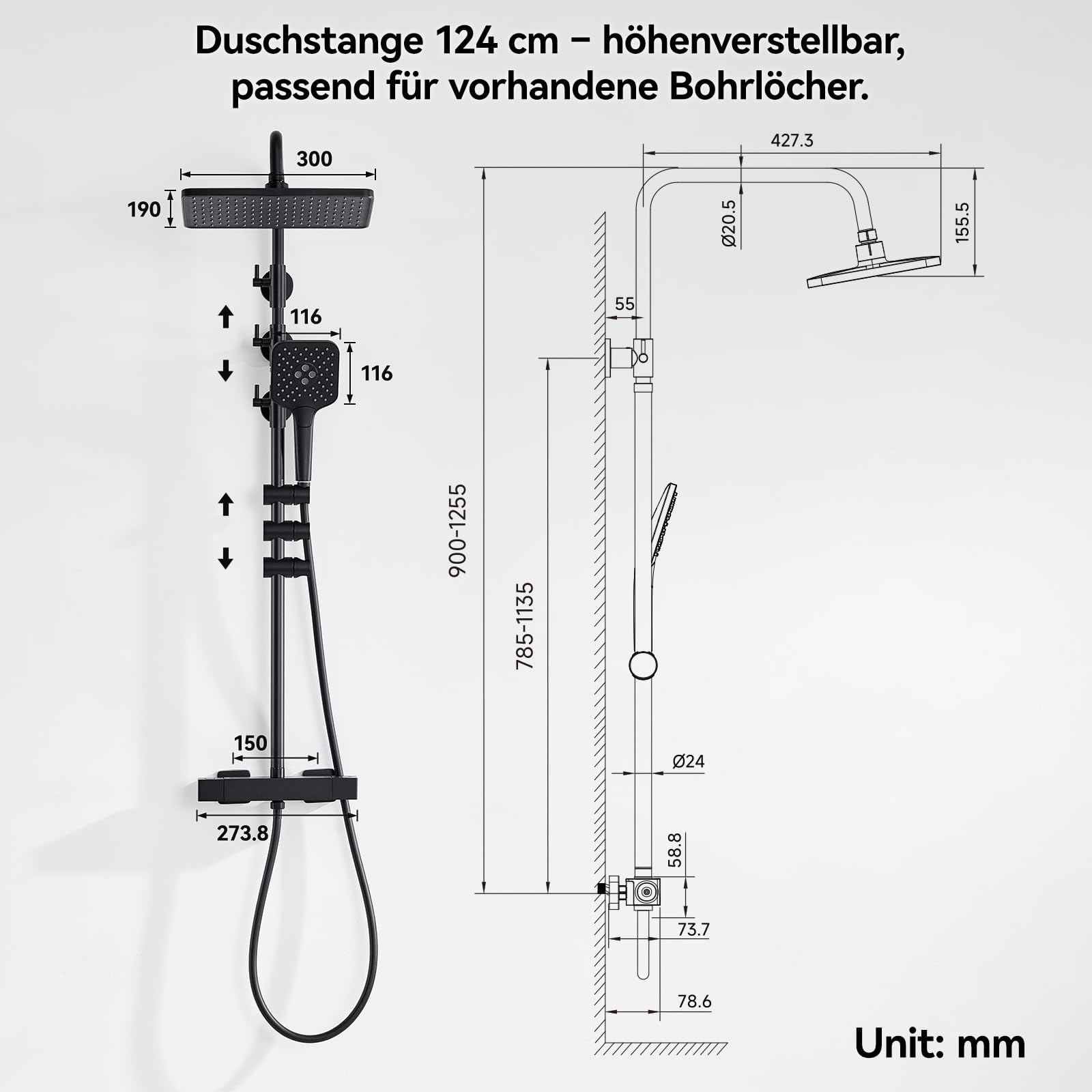 Auralum Thermostat Duscharmatur Komplettset Edelstahl Duschsystem mit Thermostat Armatur, 30x19 CM Regendusche, 3 Strahlarten Duschkopf und Höhenverstellbarer Duschstange,Badezimmer Duschgarnitur