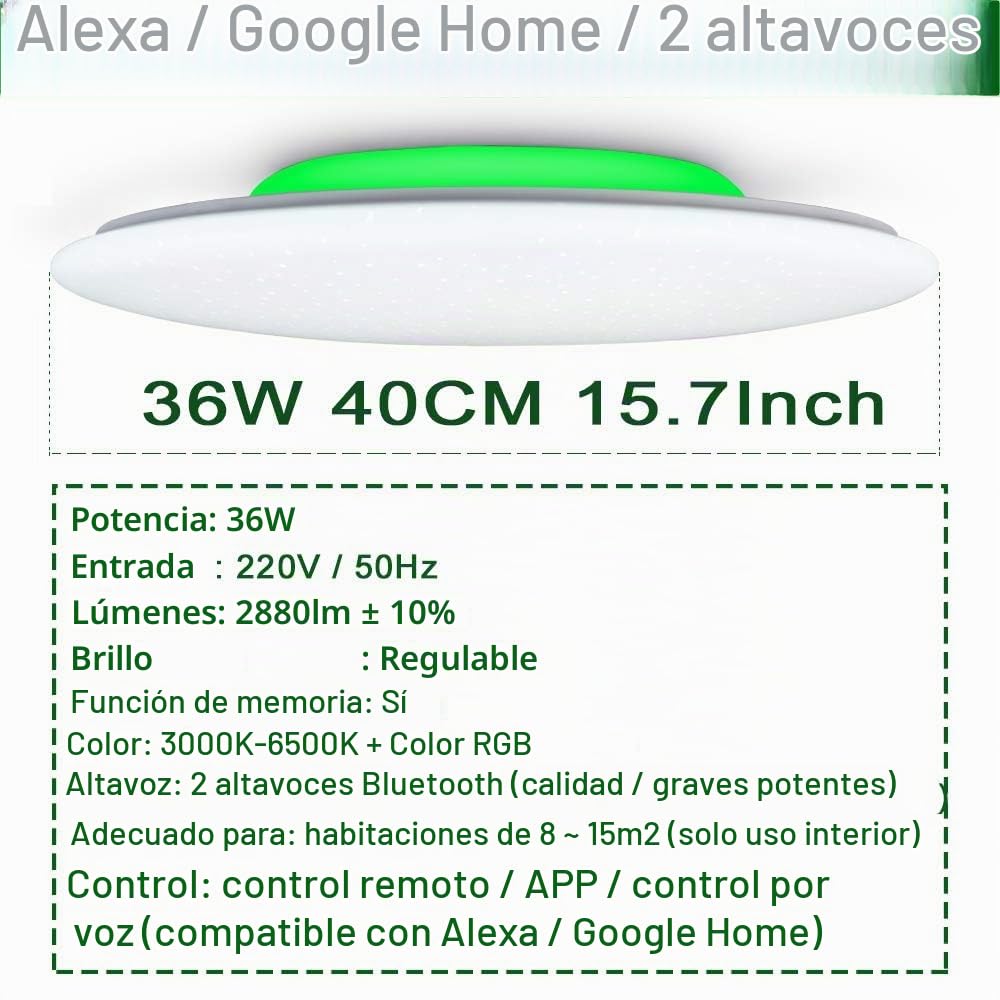 40CM 36W Starry Sky WIFI Music Luz de Techo LED Compatible con Alexa Google Home con Altavoz Bluetooth, Cambio de Color RGB y Control Remoto Iluminación Interior Regulable para