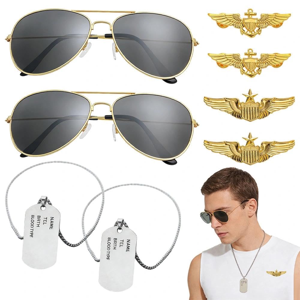 FEITONGFX 8 Pack Aviator Costume Set, Aviator Sunglasses, Gold Wings Badge and Military Style Dog Tags, Top Gun Costume Men for Halloween VE Day Parties Pilots Cosplay