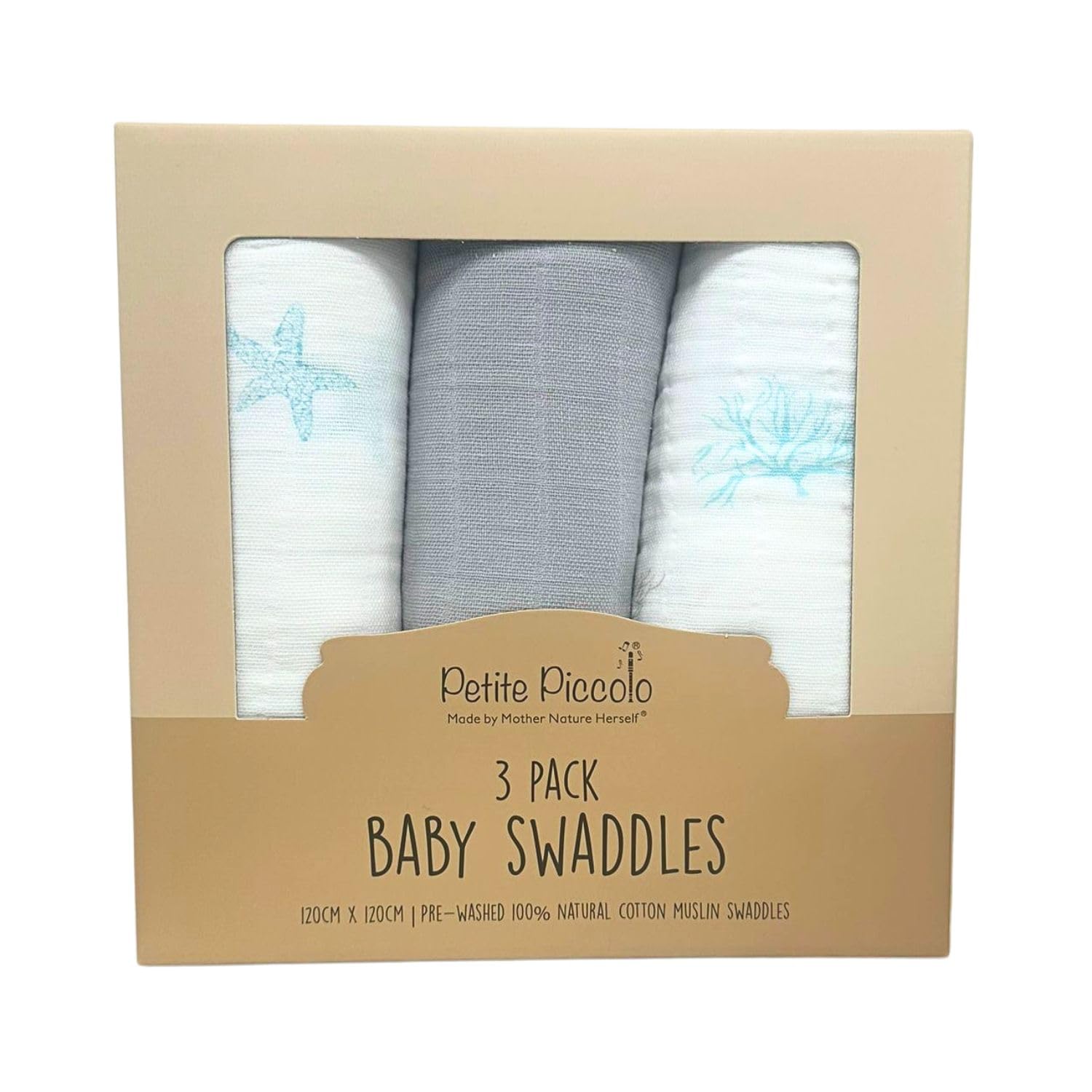 Petite Piccolo Baby Swaddle Blankets, 100% Cotton, Soft and Breathable, for Baby 120cm x 120cm, Pack of 3 - Assorted