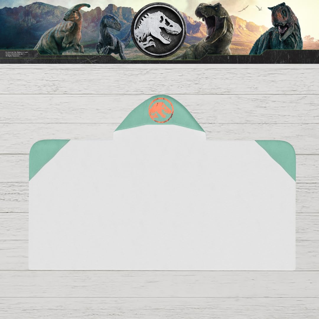 Franco Jurassic World Kids - Toalla de rizo de algodón suave con capucha para baño, piscina, playa, 24 x 50 pulgadas (producto oficial)