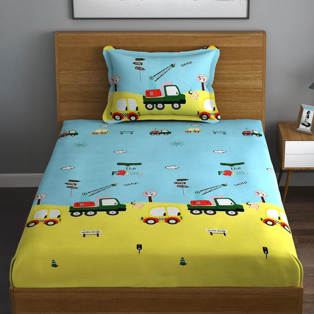 PrettyKrafts Cotton Car Truck Kids Single Bedsheet with 1 Pillow Cover | 140 TC Kids Bedsheet for Single Bed | Single Bedsheet for Boys & Girls Room (60x90 Inch)
