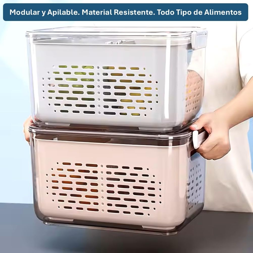 Katalia Organizador Nevera Frigorifico Cocina Multifuncional Cesta Escurridor y Almacenamiento de Alimentos con Tapa Material Resistente BPA-Free Transparente y Gris