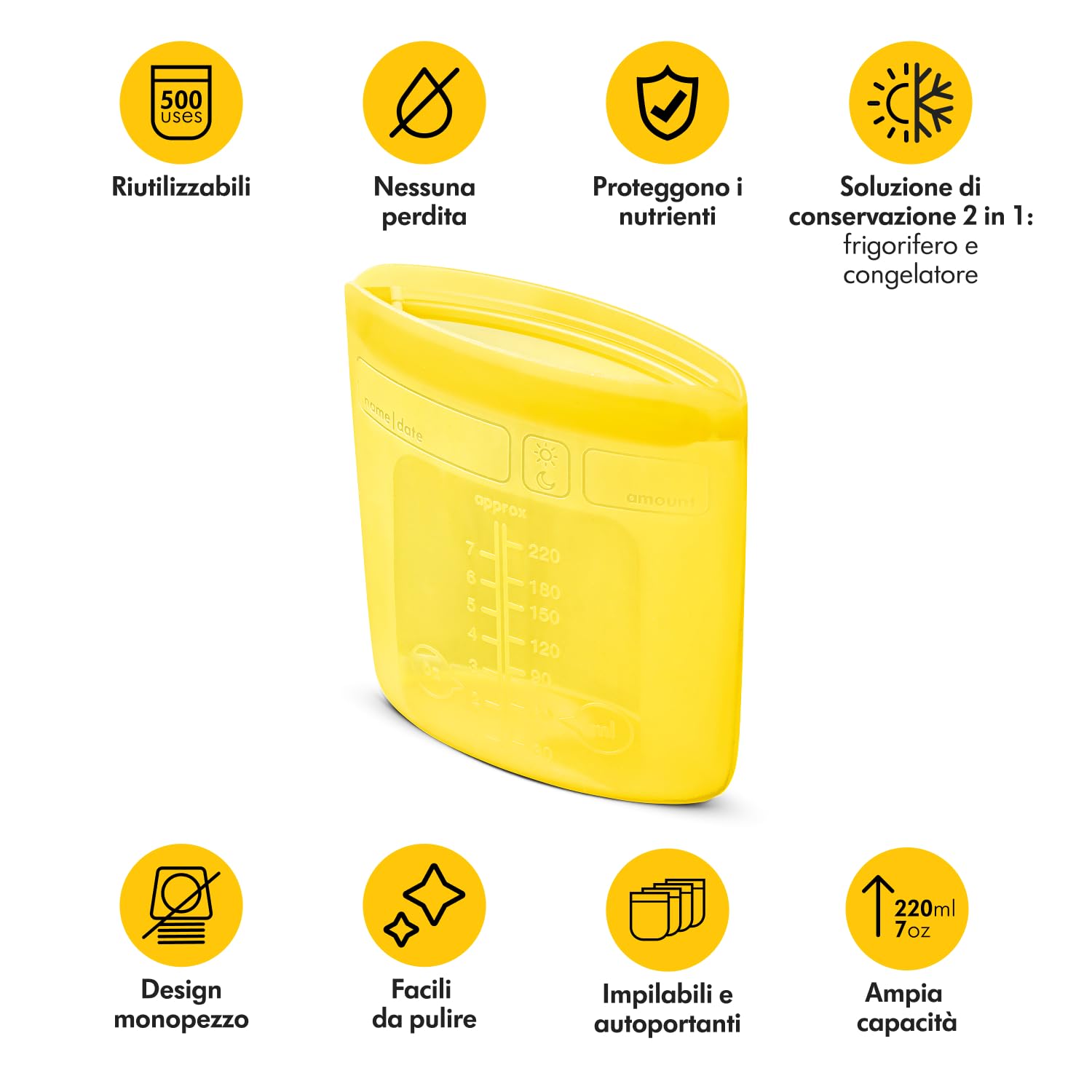 Medela Sacche per Latte Materno Riutilizzabili con Ampia Apertura e Design Monopezzo a Doppia Chiusura Ermetica, Conservabili in Frigo e Freezer, 220 ml, per 500 Utilizzi