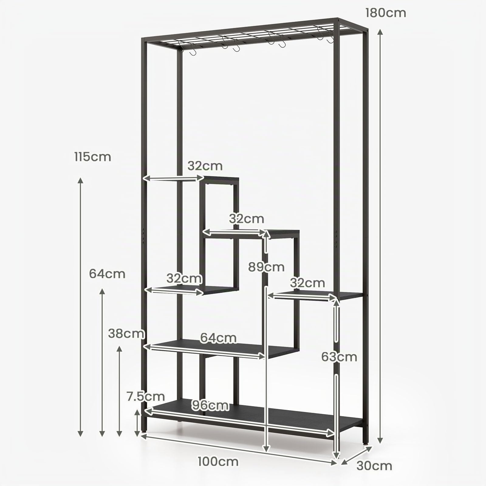 HOMASIS Pflanzenregal groß, Blumenregal mit 6 Etagen, Pflanzenständer mit 10 Haken & Gitter, Blumenständer aus Metall, Blumentreppen Mehrzweckregal für Wohnzimmer, Balkon, 100x30x180cm (Schwarz)