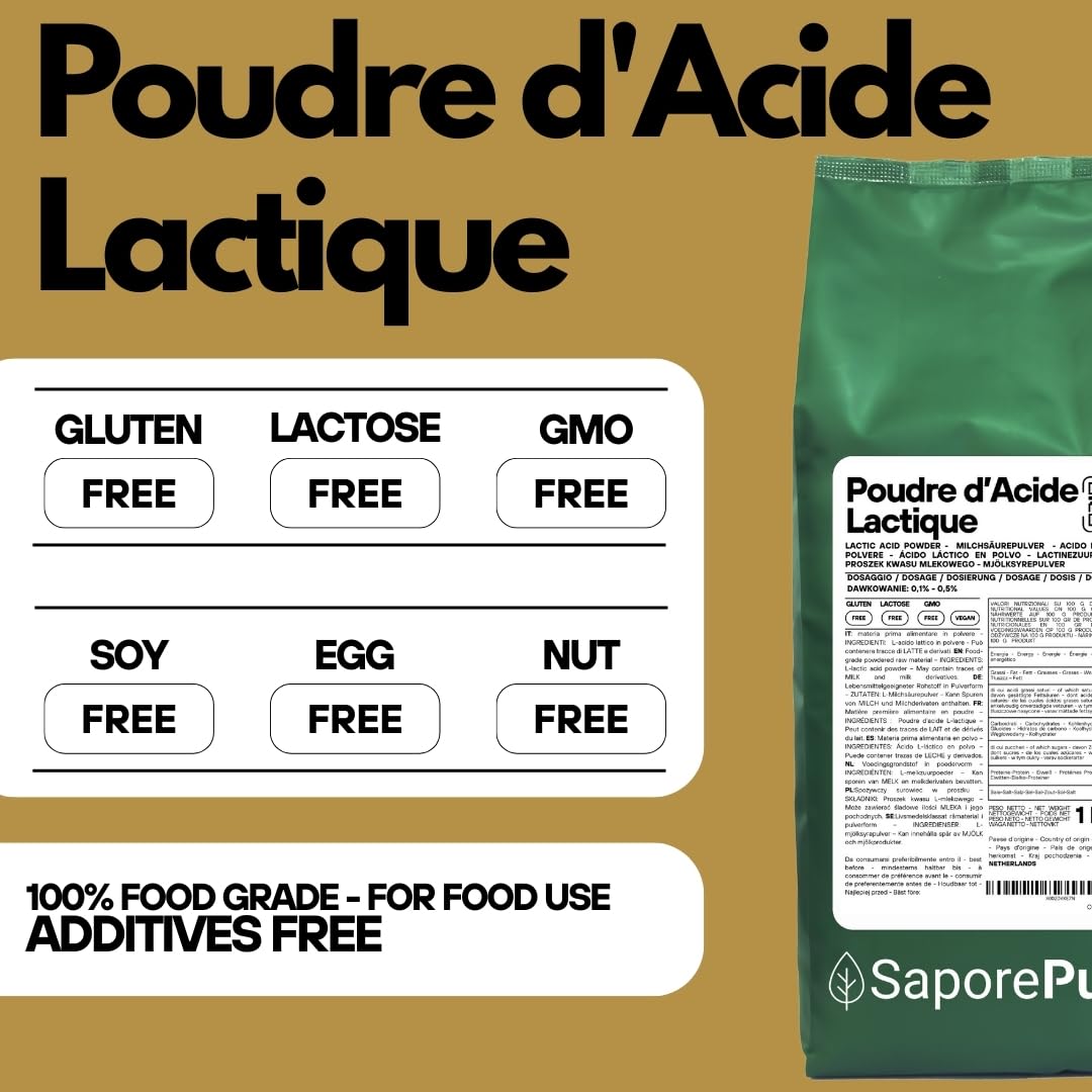SaporePuro Acide Lactique en Poudre 1 kg – Qualité Alimentaire Pure – Pour Boulangerie, Produits Laitiers, Boissons Fermentées et Usage Cosmétique