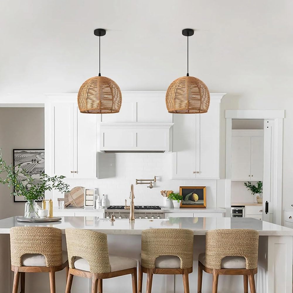 Lampa Wisząca Boho 11,81 Cala, Ręcznie Tkana Naturalna Lampa Wisząca Z Wikliny, Lampa Sufitowa W Stylu Vintage Do Sypialni, Salonu, Kuchni, Wyspa, Żyrandol Z Liną Papierową, Oprawa Rattanowa