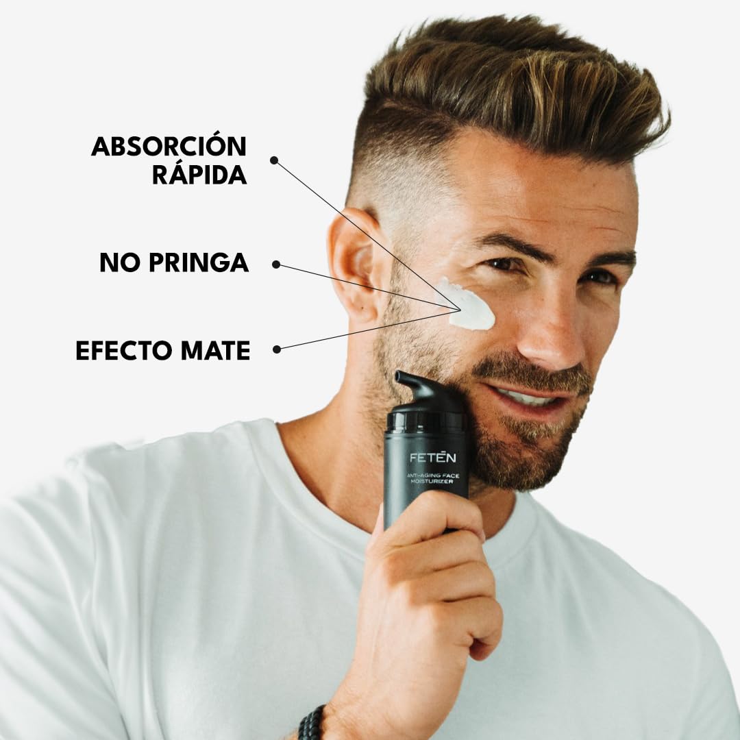 FETEN Skincare Pack Regalo para Hombre - Set Antiedad Hidratante con Crema Facial Antiarrugas, Contorno de Ojos Antiojeras y Sérum de Vitamina C, Kit Cosmética y Cuidado Personal para Hombres