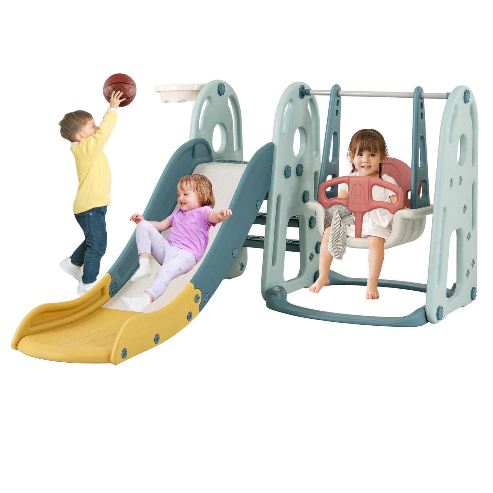 Maxmass Toddler Slide and Swing Set, Children Playground Playset with Basketball Hoop, Long Slide and Climb Ladder, Indoor Kids Play Area for Boys Girls (Green, 198x149x96cm)