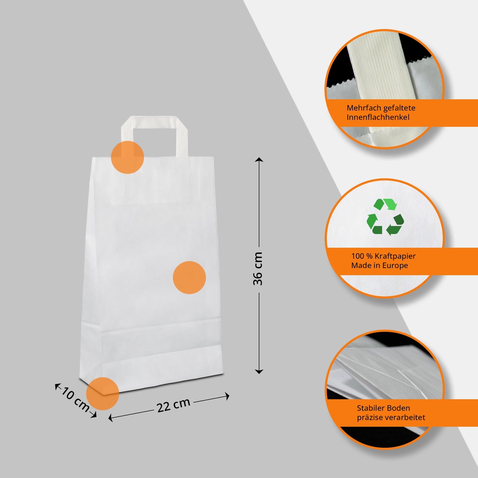 Papiertüten weiß mit Flach-Henkel I 100 Stk. 22+10x36cm I Papiertragetasche für Einzelhandel, Hochzeit, Geburtstag, TO-GO I Geschenktüten aus Kraftpapier I HUTNER