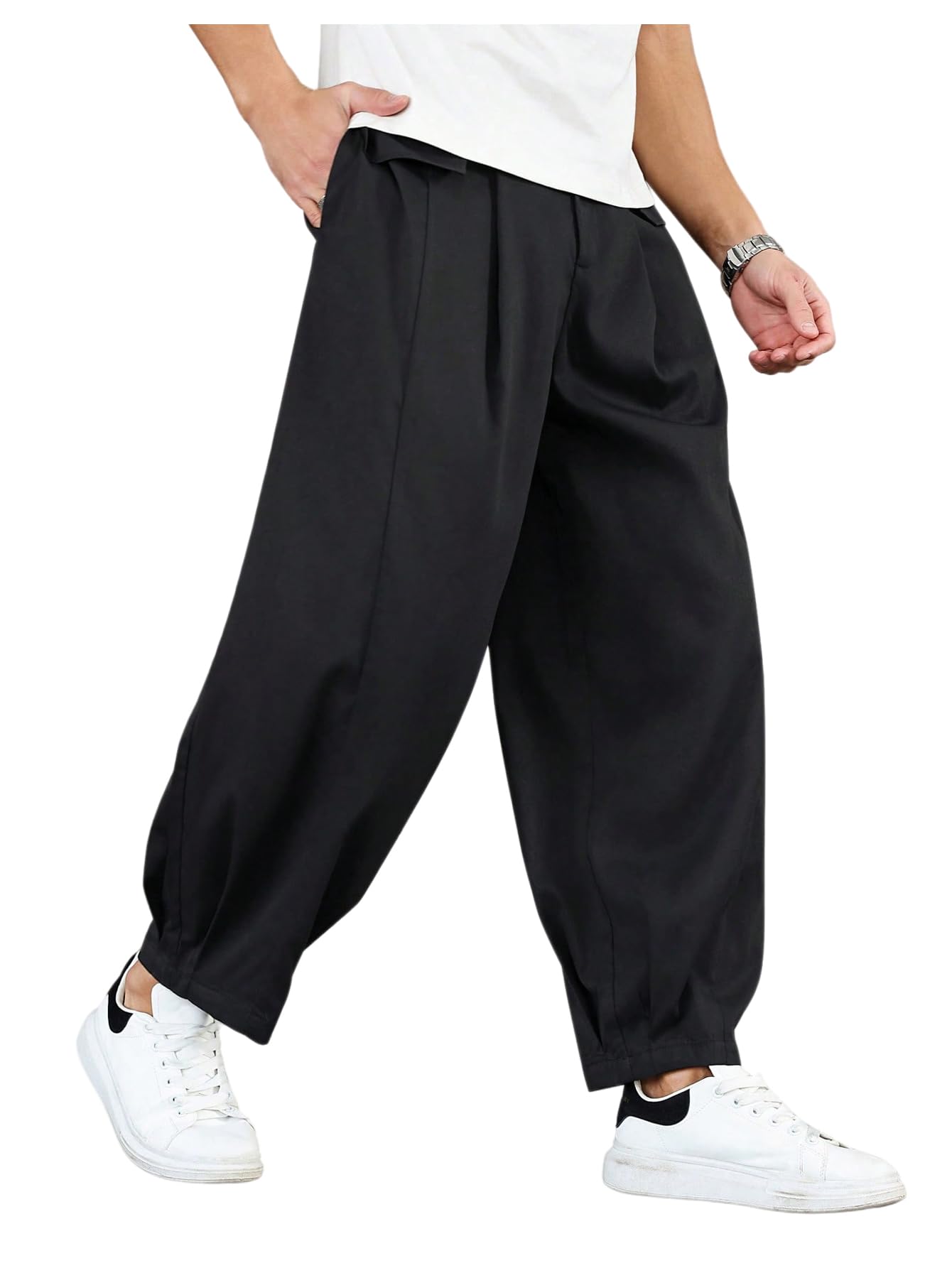 OYOANGLE Mens Harem Pants Zipper Fly Loose Pleated Work Slacks Baggy Trousers with Pockets