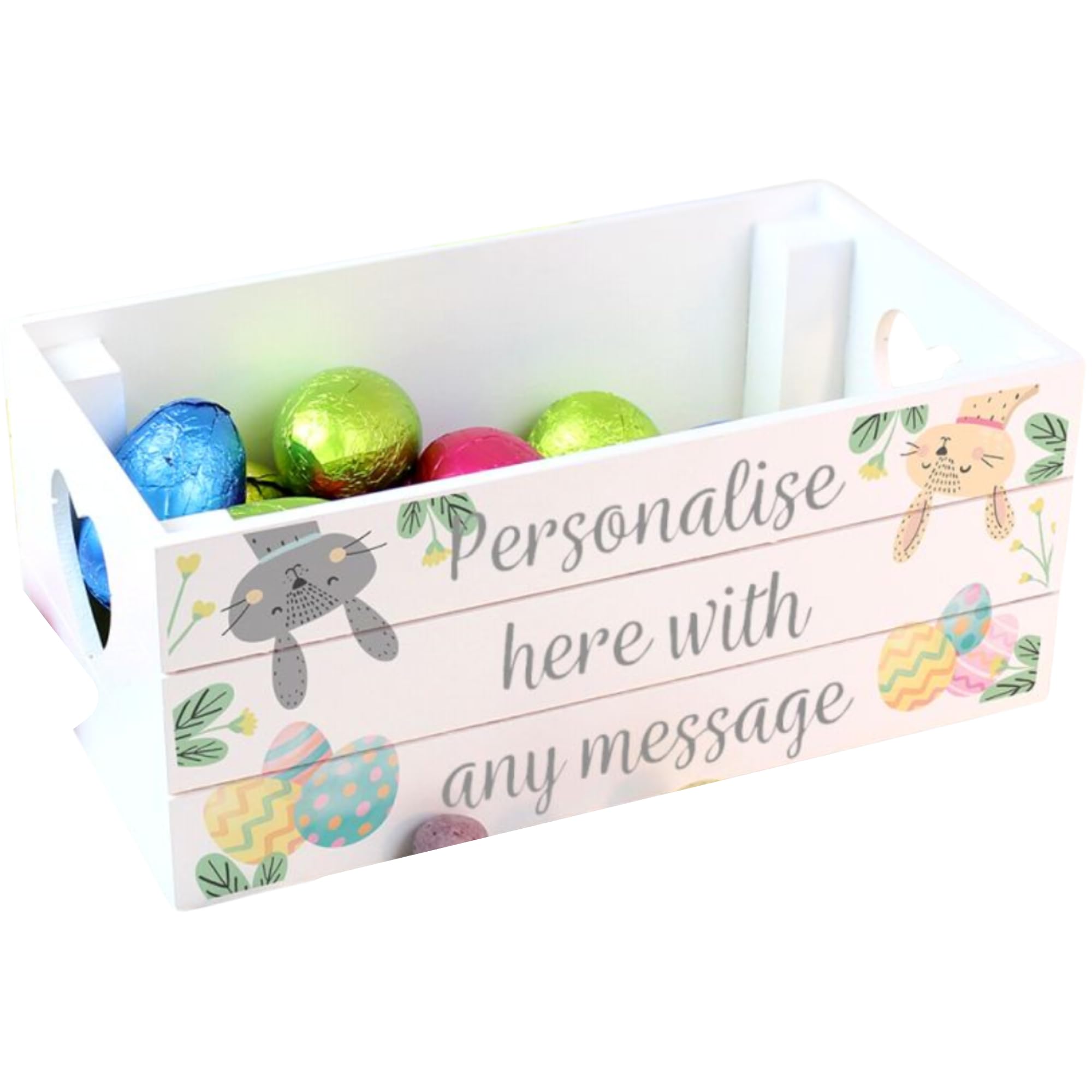 Caleli Gifts White Personalised Easter Crate. Easter Egg Hunt Small Wooden Crate