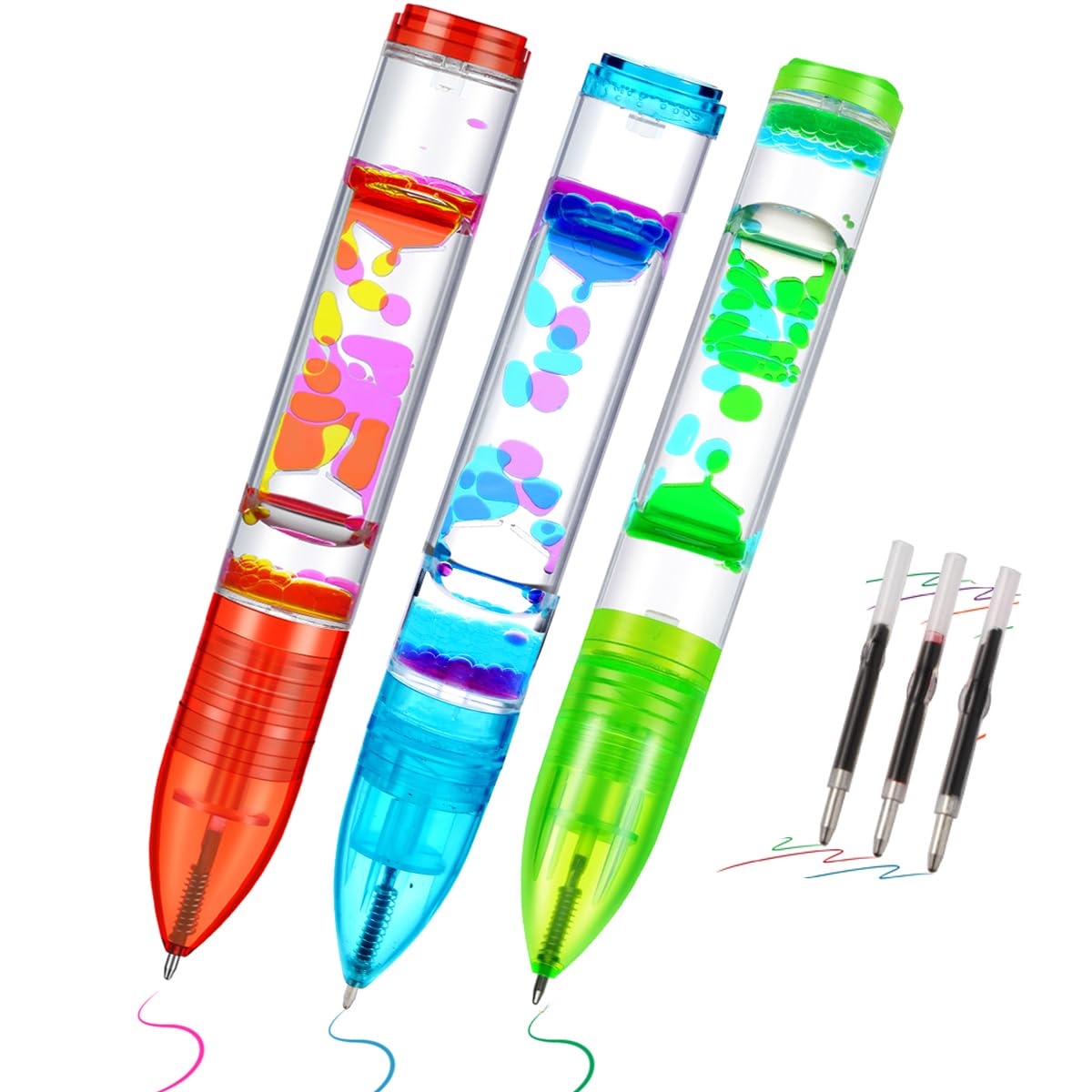 3 Pack Liquid Pen - Retractable Ballpoint Cool Pen with Colorful Liquid Bubbles - Relaxing Calming Sensory Toy for Kids & Adults- Novelty Gift for valentine, back to school, Christmas