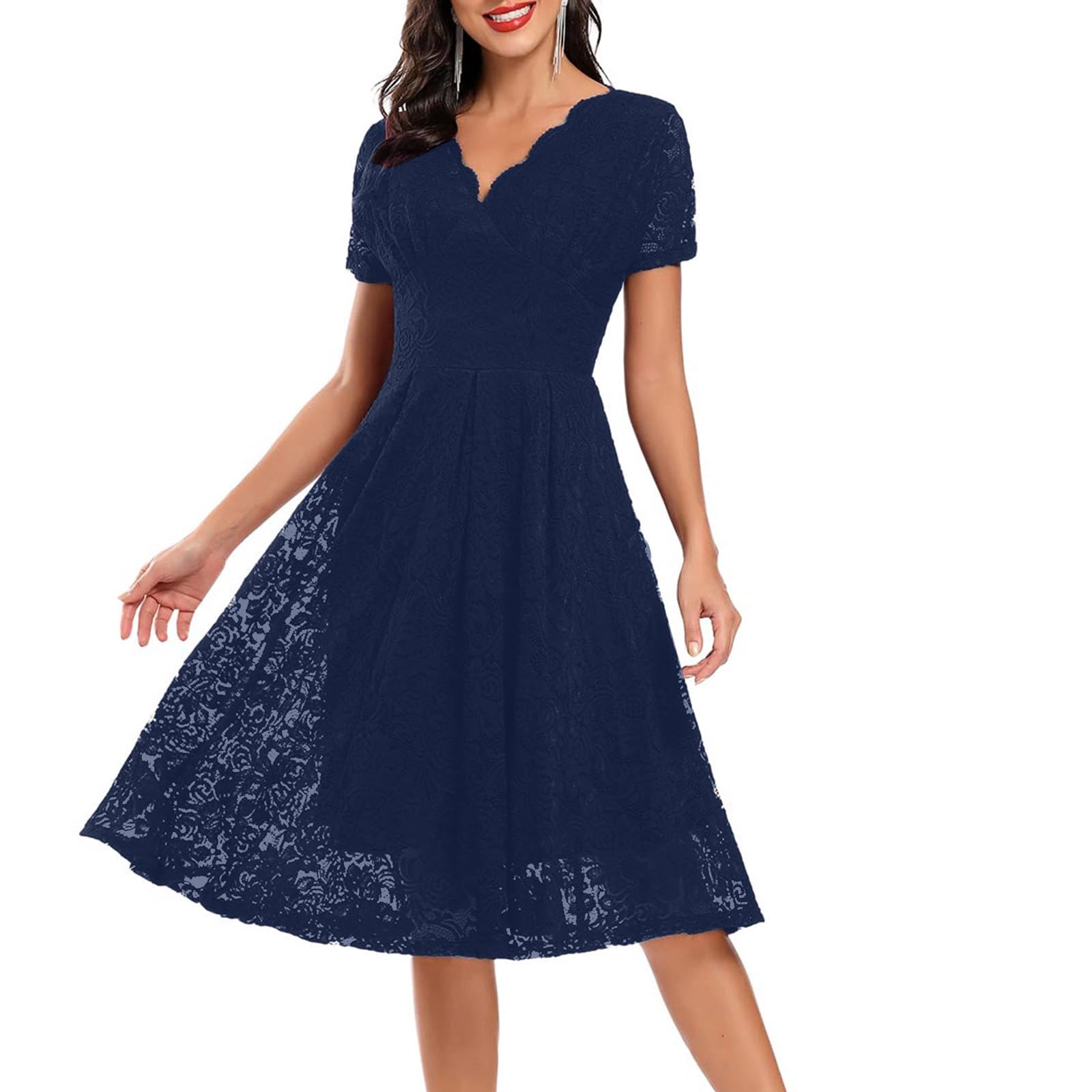 Midikleid Damen Elegant Für Hochzeit mit Ärmel Kleid Hochzeitsgast Damen Sommer Midi Spitze V Ausschnitt Festliche Kleider Lang A Linie Spitzenkleid Frauen Festlich Elegante Abendkleid Lang