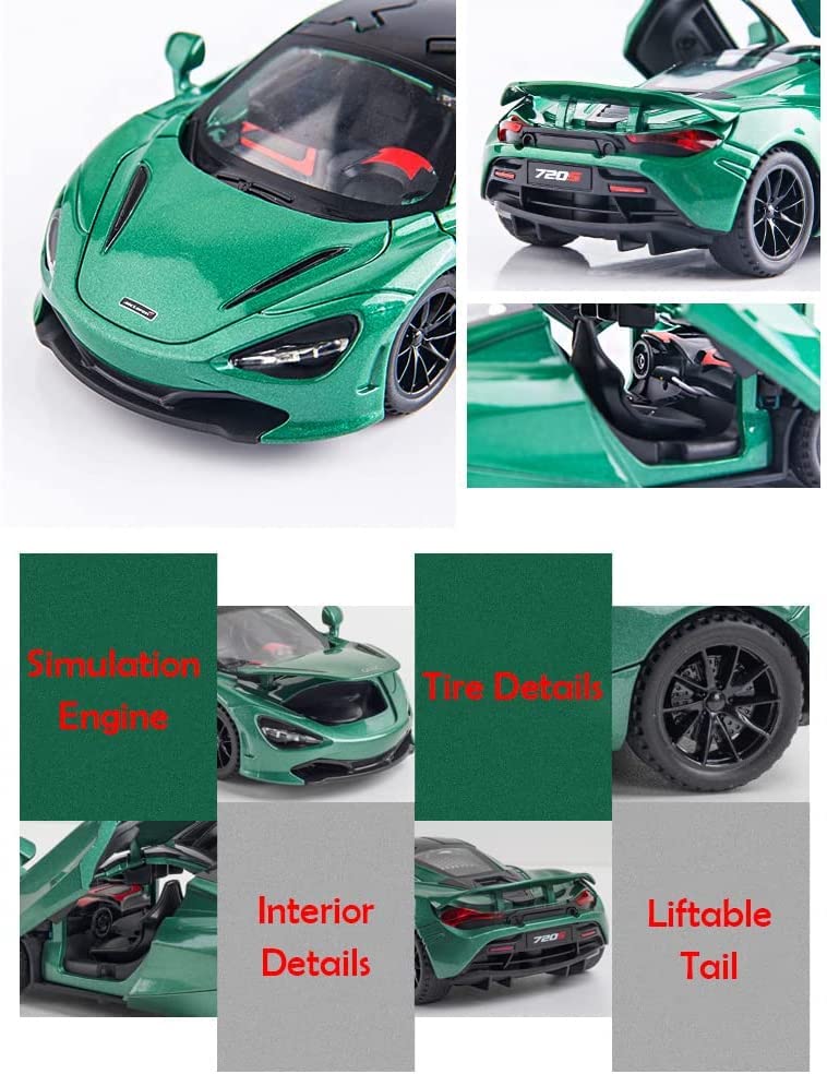 Image of WireScorts 1:32 Diecast Car Model MCLAREN 720s Alloy Toy Car Pull Back with Light and Sound Toy Vehicle for Girls Boys Adults Gift - Green