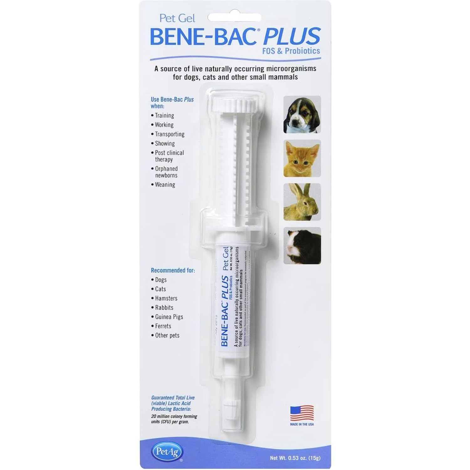 PetAg Bene-Bac Plus Pet Gel 15g Syringe | FOS & Probiotics for Dogs, Cats, Exotic & Wildlife Mammals |Supports Digestive Health & Stress Recovery (Carded)-image-1