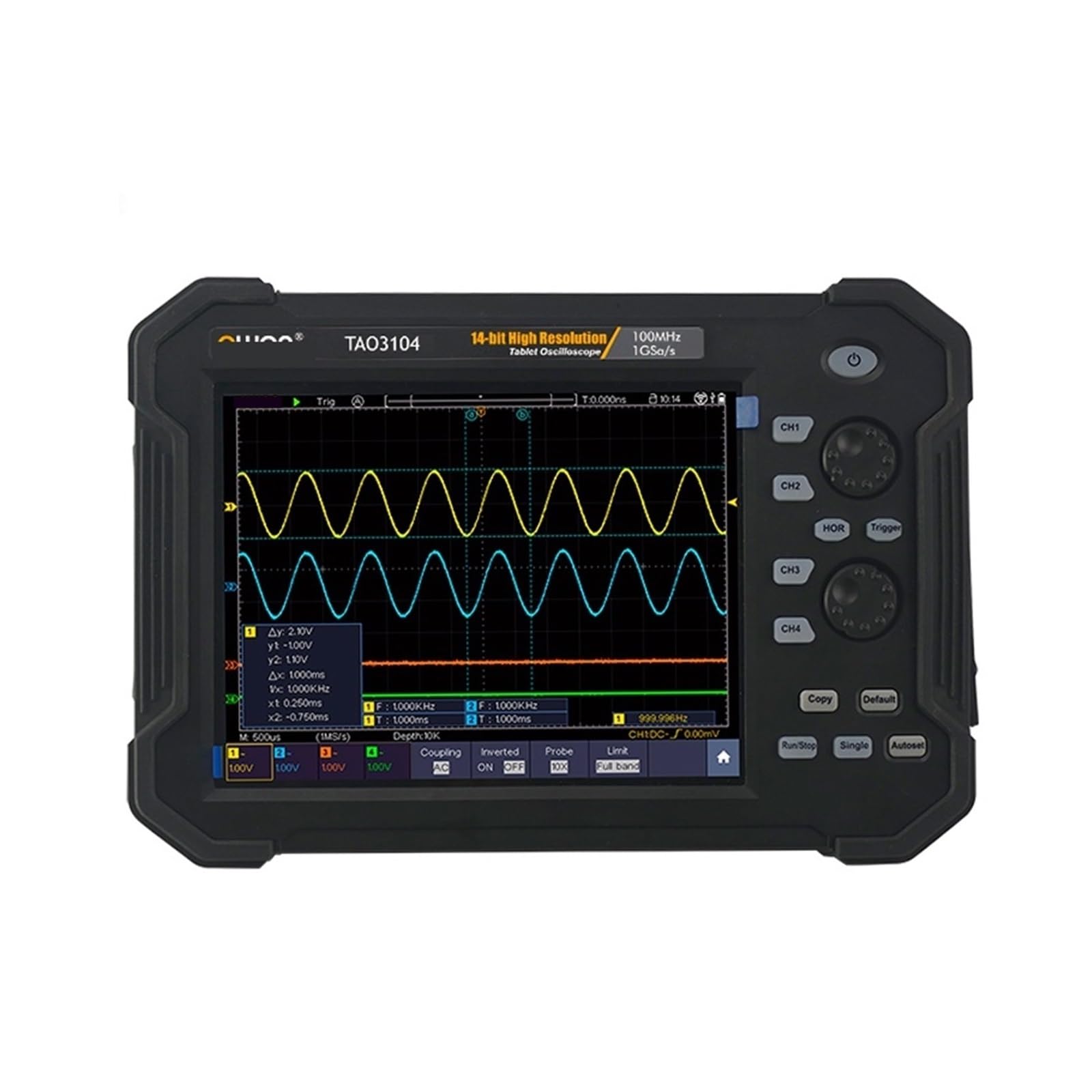 Osciloscopio Digital portátil TAO3074 TAO3104, 4 Canales, 100MHz, 1GS/s, 40M de Longitud de Registro, función de decodificación de Bus multidisparador de 8 Pulgadas(TAO3104,U.K)