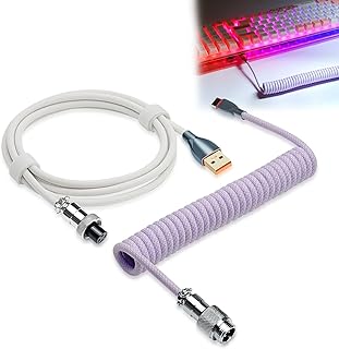 UCINNOVATE Coiled Keyboard Cable, Pro Custom Coiled USB C Cable for Gaming Keyboard, Double-Sleeved Mechanical Keyboard Cable with Detachable Metal Aviator, 1.8M USB-C to USB-A (Purple & White)