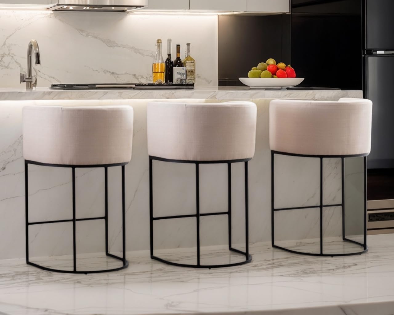 RIVOVA Cream Linen Bar Stools Set of 3
