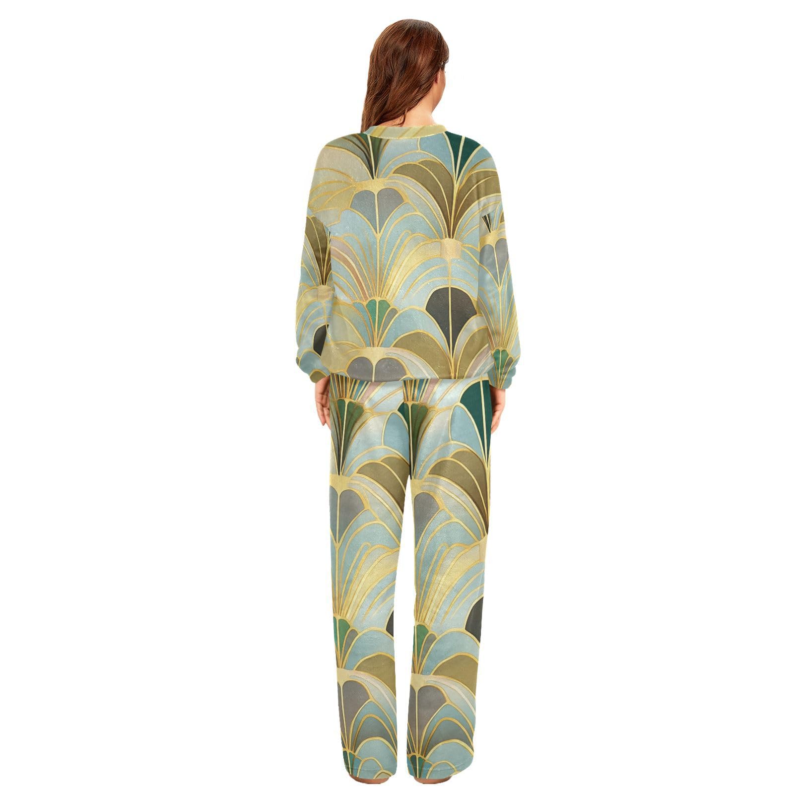 Set pigiama da donna in pile morbido astratto verde astratto set manica lunga girocollo Pj set