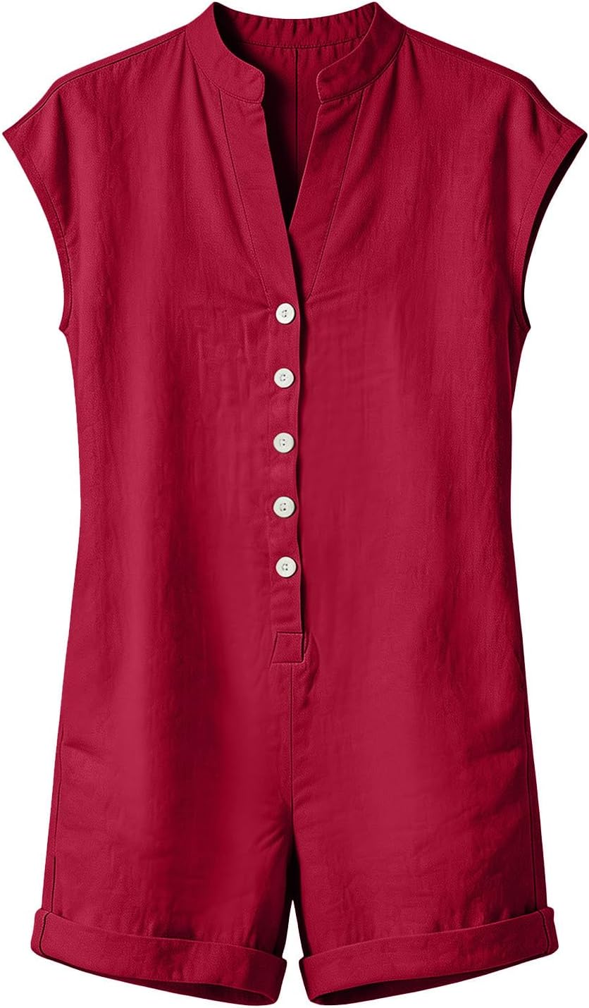 Summer Rompers for Women Button Down Dressy Casual Jumpsuit Short Sleeve V Neck Beach Vacation Shorts with Pockets
