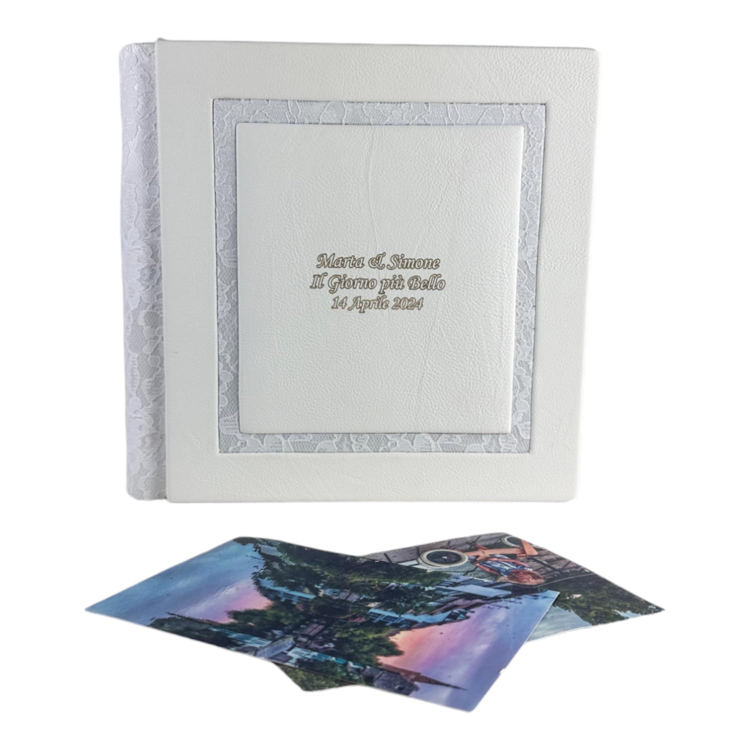 Album fotografico - Giove Double - produzione artigianale in similpelle, personalizzabile con incisione. classico con velina, Matrimonio, Compleanno, Regalo, Wedding, Anniversario (Bianco/Macramè)