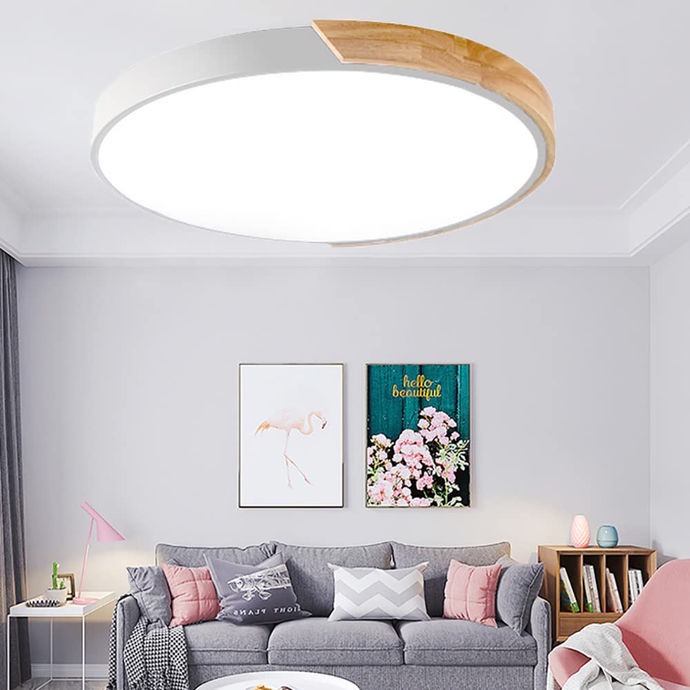 Lampa sufitowa LED 12 cali, nowoczesny styl, drewniana, podtynkowa, ściemniana, biała, 24 W, do salonu lub sypialni.