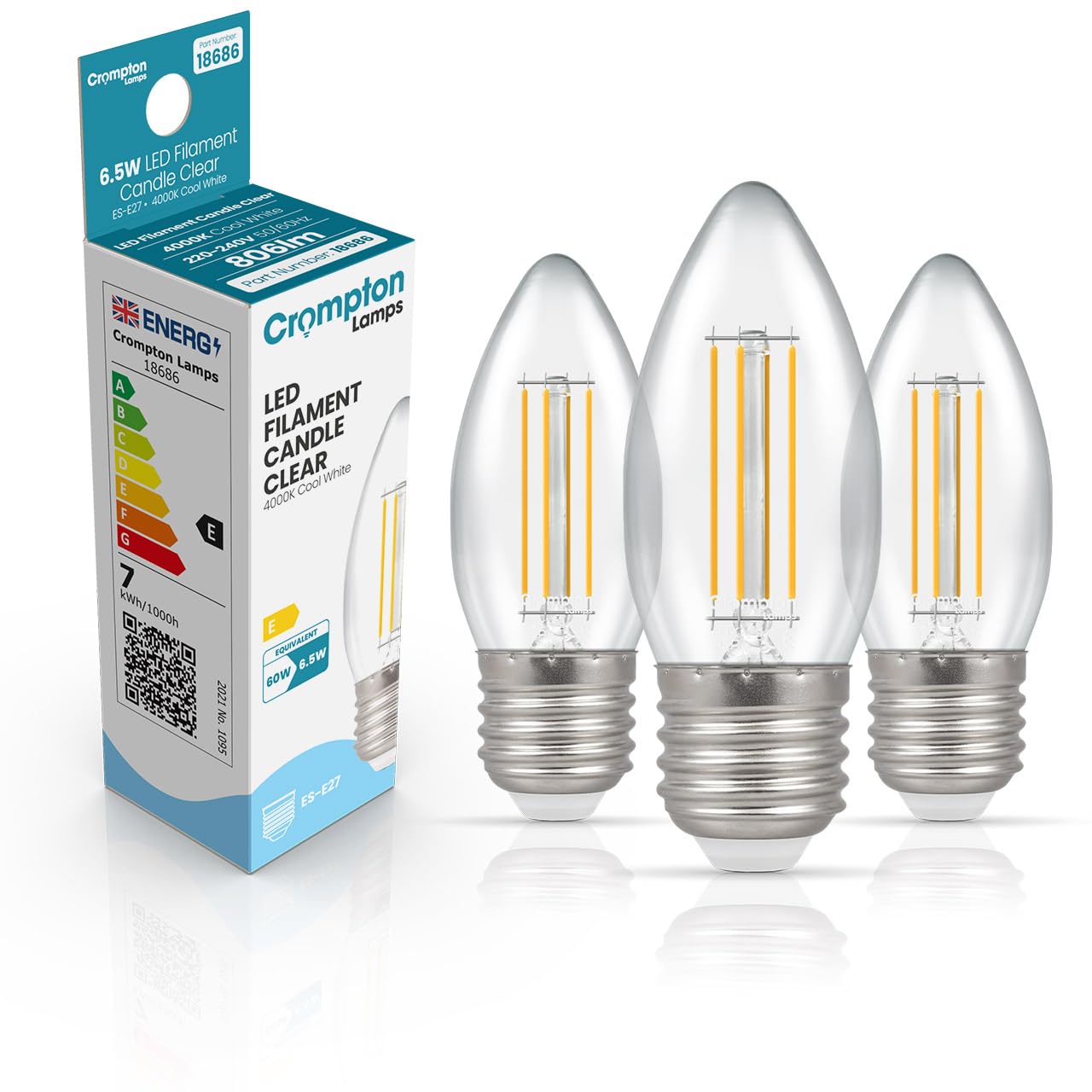 Crompton Lamps Filament Candle LED Light Bulb ES-E27 | 6.5W = 60W Equivalent | Cool White 4000K | Energy Efficient | Edison Screw Lightbulb | Long Life 15,000-Hrs | Clear Glass | 3-Pack