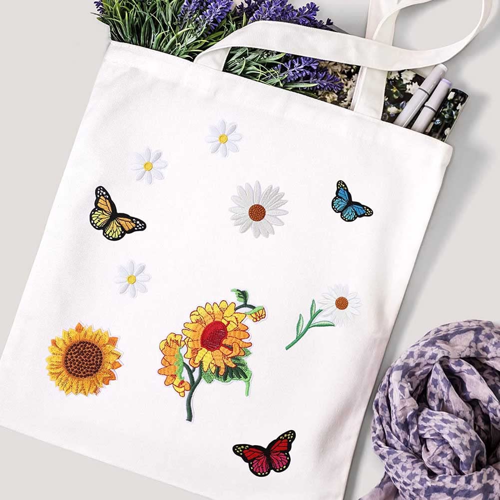 50 Pz Toppe Teroadesive per Tessuti: 28 Fiori di argherite + 22 Girasole per Vestiti, da