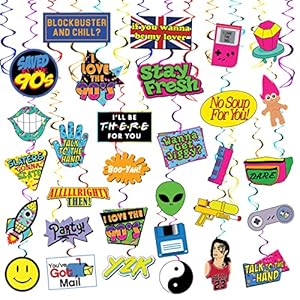 32 Piece 90s Party Hanging Swirls Decorations, Throwback 1990s Themed Party Supplies and Favors