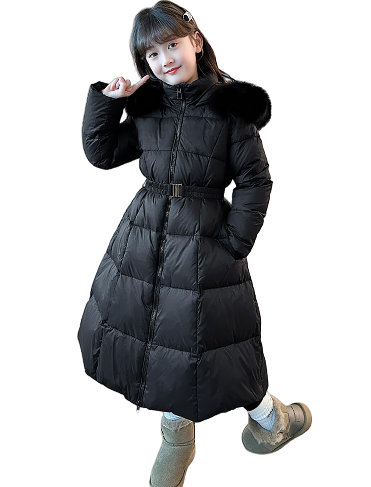 Cappotto invernale per bambini, in velluto, morbido, caldo, con cappuccio in pelliccia, con zip, tasche