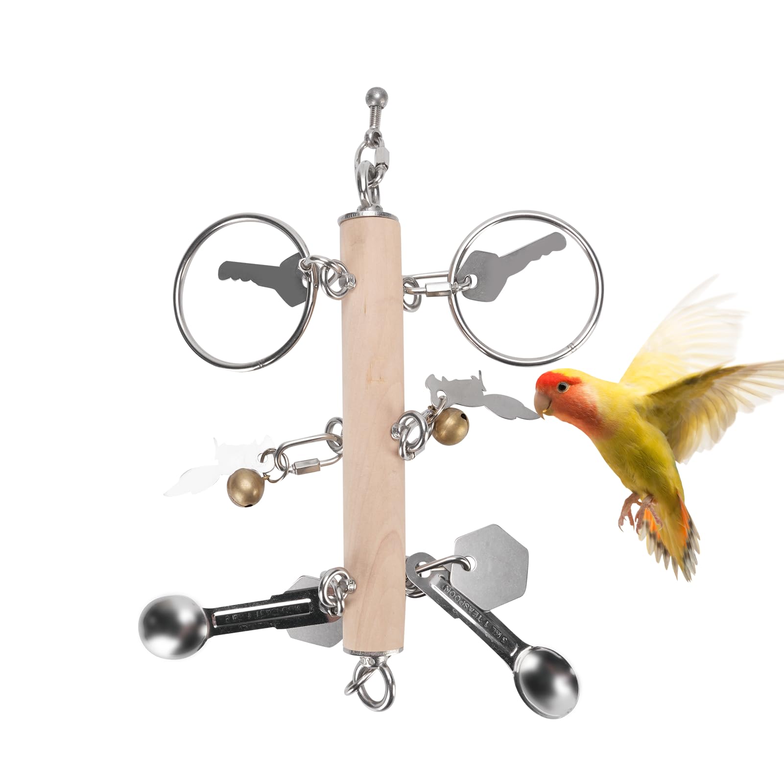 Parrot Bird Toys with Metal Spoons, Stainless Steel Keys Rings Toy, Intelligence Development Crisp Sound Toys for Amazons Mini Medium Large Macaws African Greys Cockatoos Eclectus