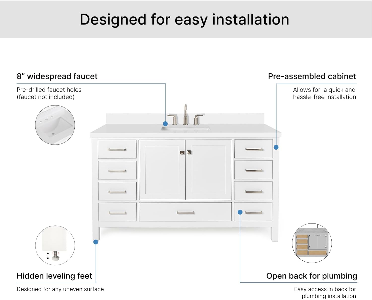 ARIEL Cambridge 60-inch Bathroom Vanity with Sink,Solid Wood, 1.5-inch Pure White Quartz Countertop & Backsplash, Single Rectangular Porcelain Sink, 2 Soft Closing Doors, 9 Dovetail Drawers, White